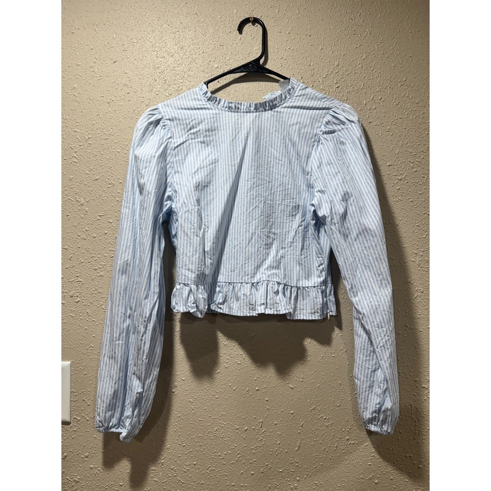 H&M Divided Blue White Striped Ruffle Crop Top Long Puff Sleeve Blouse Small